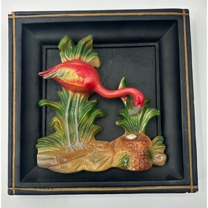 Vintage Chalkware Plaster Plaque Wall Hanging Flamingos Universal Statuary
